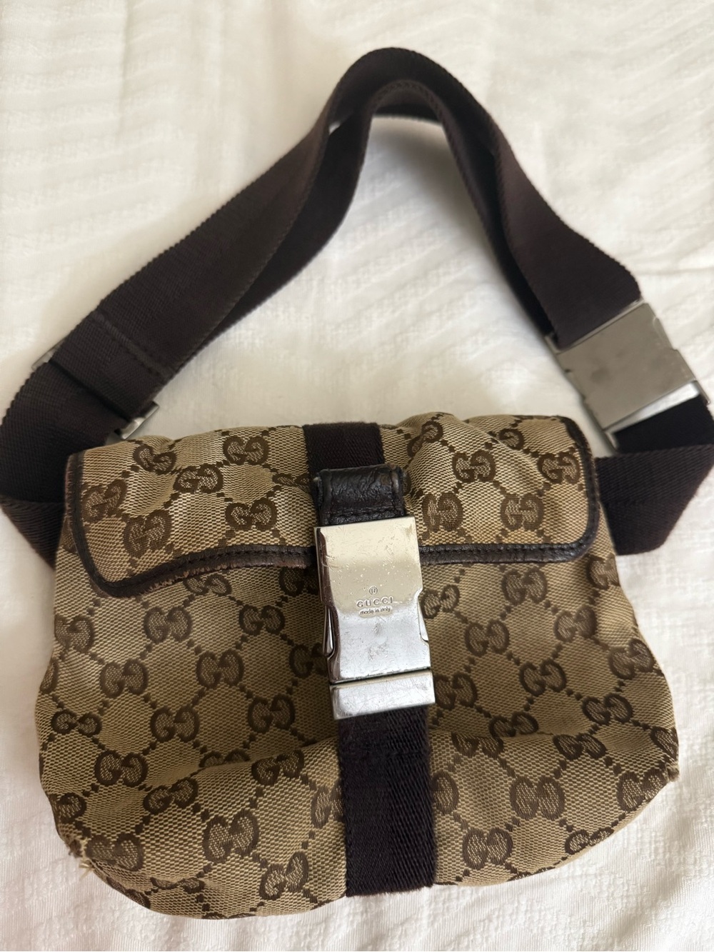 Gucci Brown Monogram Belt Bag with Silver Buckle